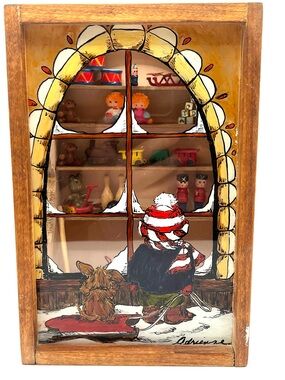 Holiday Signed Shadow Box Vignette Child & Dog Looking in Toy Store Window-RARE